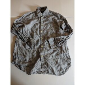 Orvis Signature Mens Large Grey 100% Linen Micro Check Button Down Shirt Summer